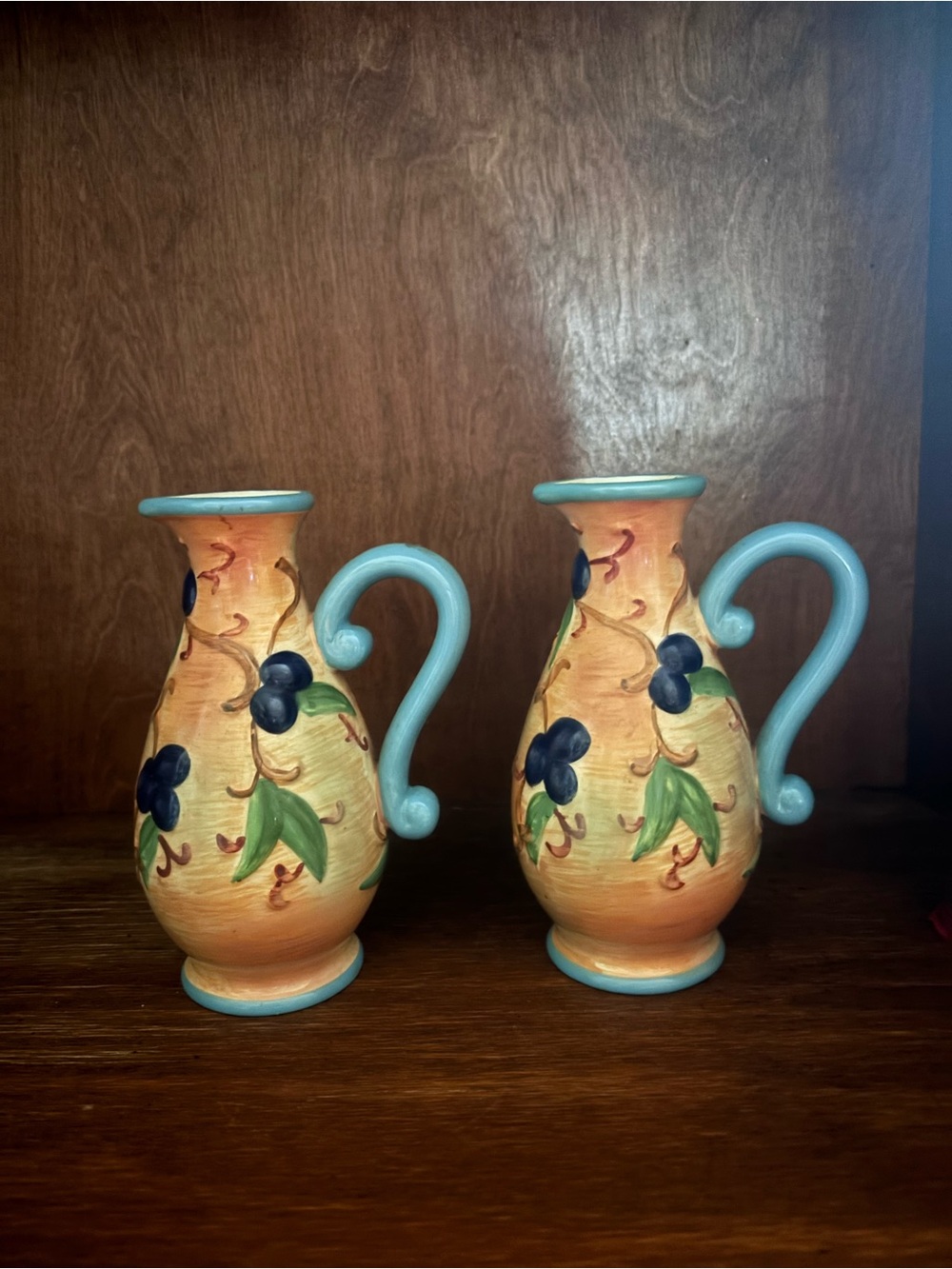 Hand-Painted Blue Floral Ceramic Pitcher Pair - Light Blue Handle